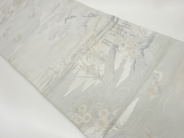 茶屋辻に草花・鴛鴦風景模様織出し袋帯